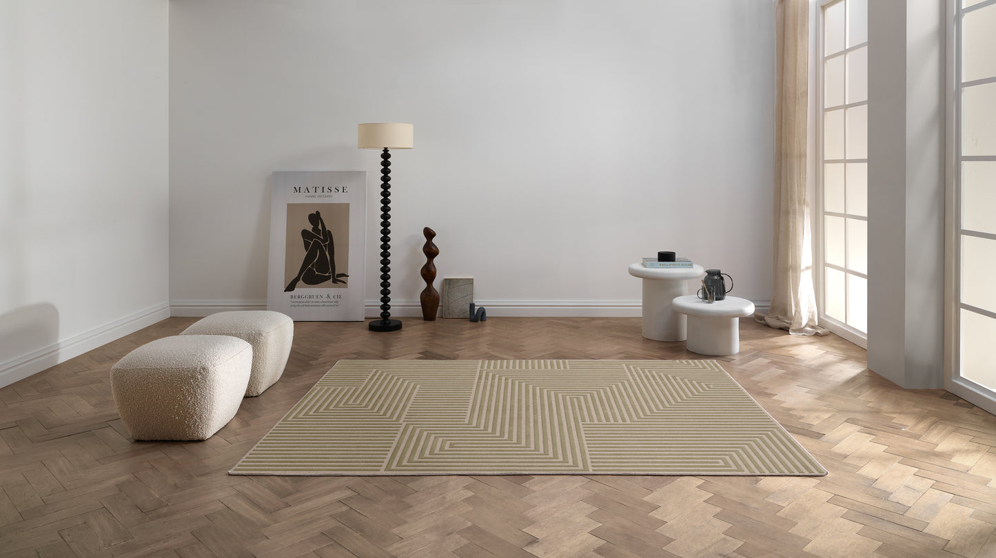 שטיח צמר ויסקוזה בז' וירוק זית דגם Reut