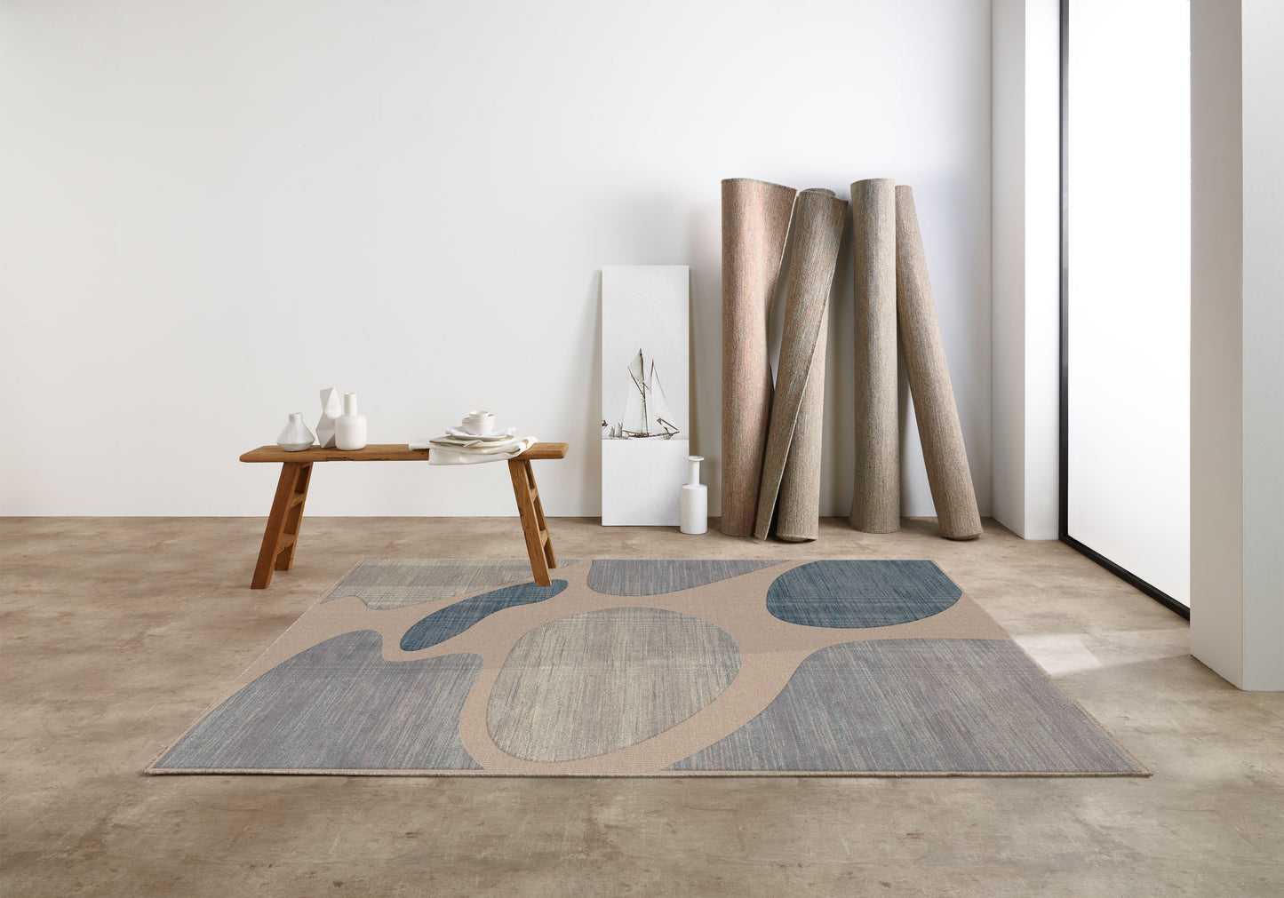 שטיח צמר ויסקוזה שמנת וכחול אינדיגו דגם Samantha