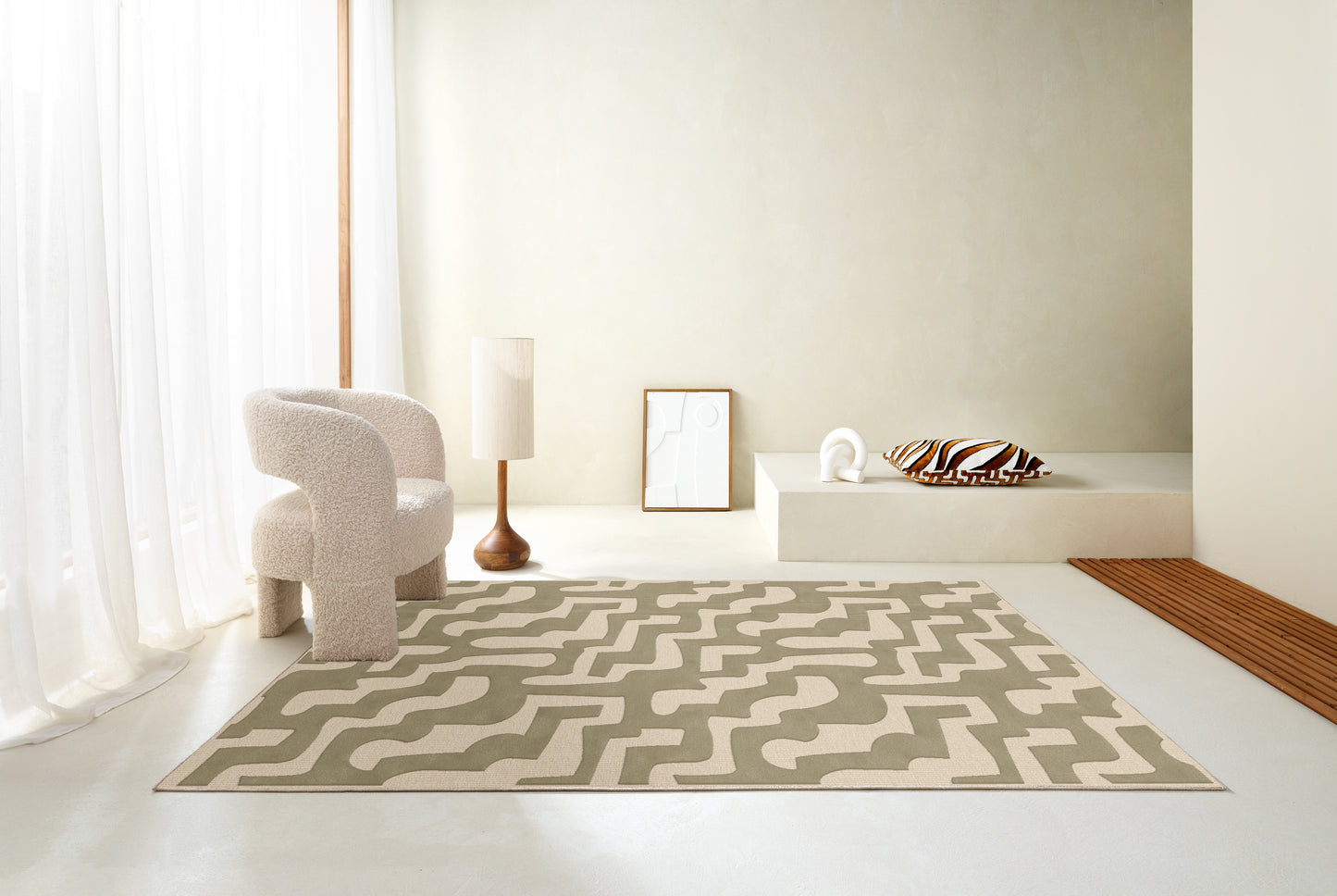 שטיח צמר ויסקוזה שמנת וירוק זית דגם Sophie